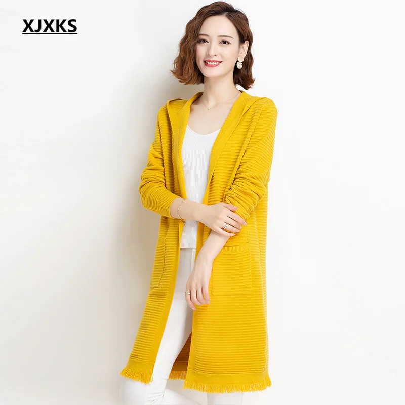 

XJXKS, Новинка осени 2021, женский длинный кардиган, свитер, высококлассный шерстяной вязаный свитер, Женское пальто с капюшоном