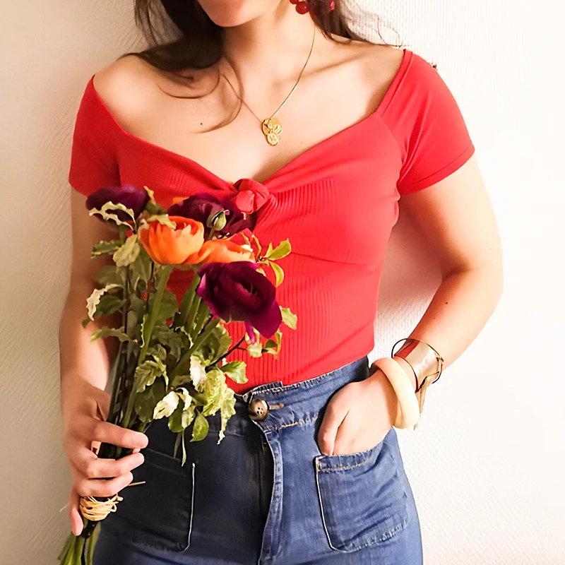 

Knot Tee Shirts 2022 Summer Women Clothes V-neck Short Sleeve Cotton T-shirt Female Backless Tunic Tshirts Elegant Retro Hauts