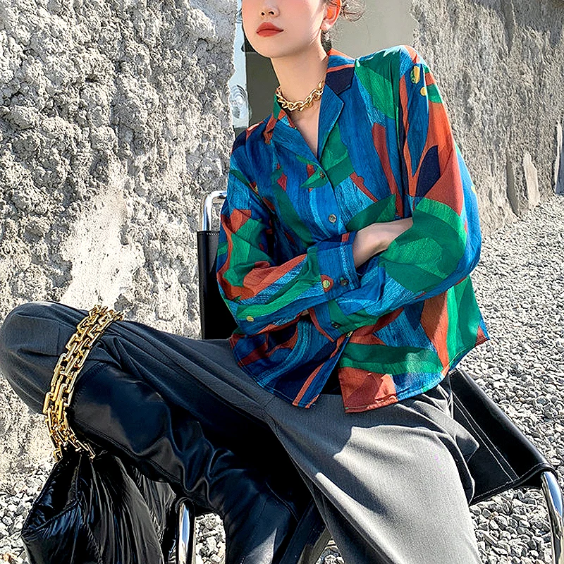 

Unique Geometric Pattern Print Shirt Women Blouse Streetwear Loose Casual Vintage Blouse Women Tops Shirts Spring Blouse SL575