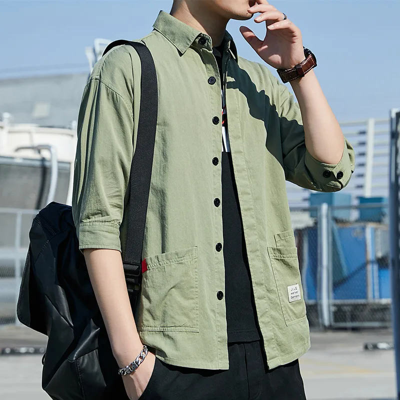 

Men's Shirt 2021 New Youth Summer Three-quarter Sleeve Shirt Loose Casual Multi-pocket Fashion Shirt Camisas Para Hombre