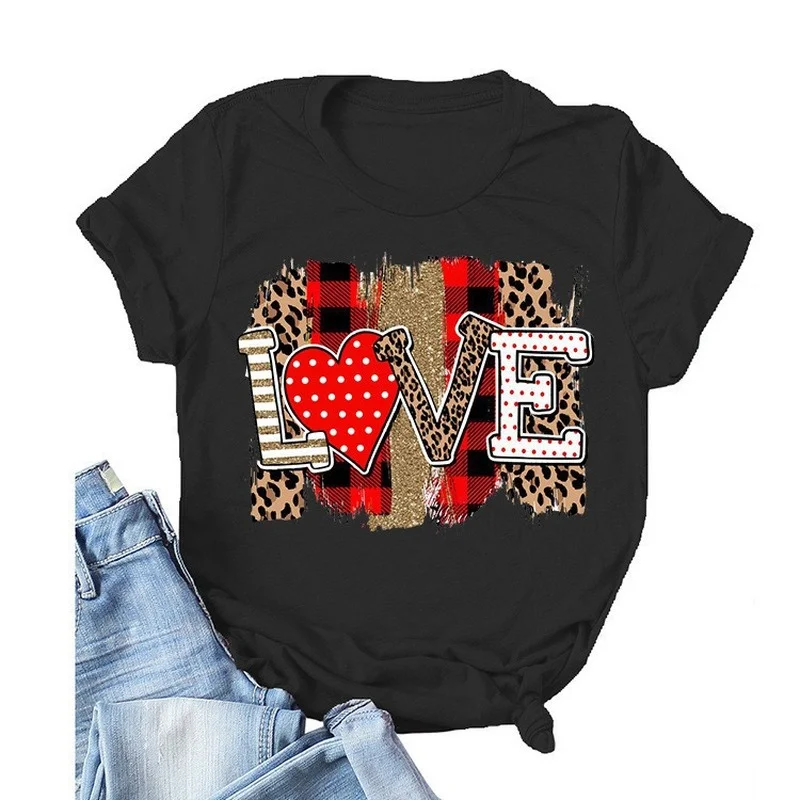 

Leopard Plaid Love Print Women T Shirt Short Sleeve O Neck Loose Women Tshirt Ladies Tee Shirt Tops Clothes Camisetas Mujer