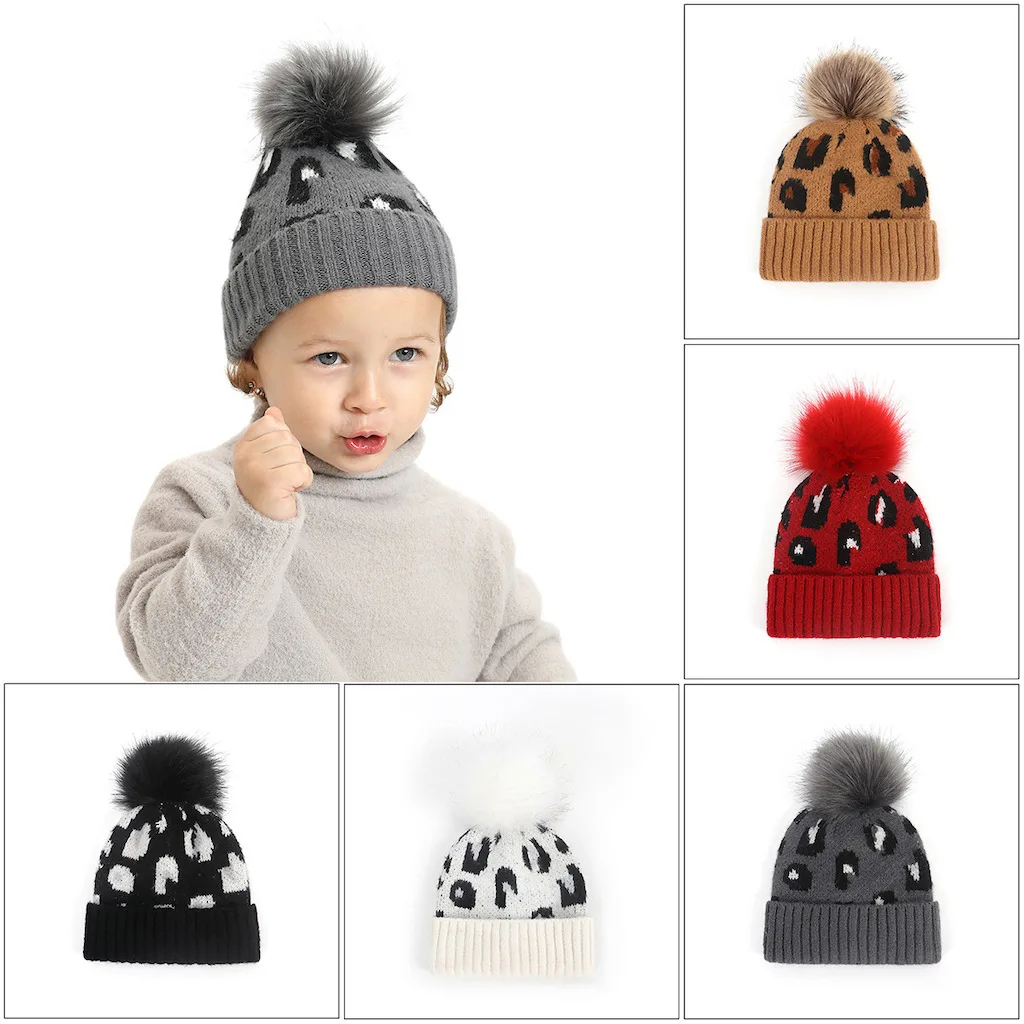 Модная детская шапка с леопардовым принтом, детская теплая вязаная шапка, зимняя утепленная шапка, Непринужденная Защитная детская шапка с ...