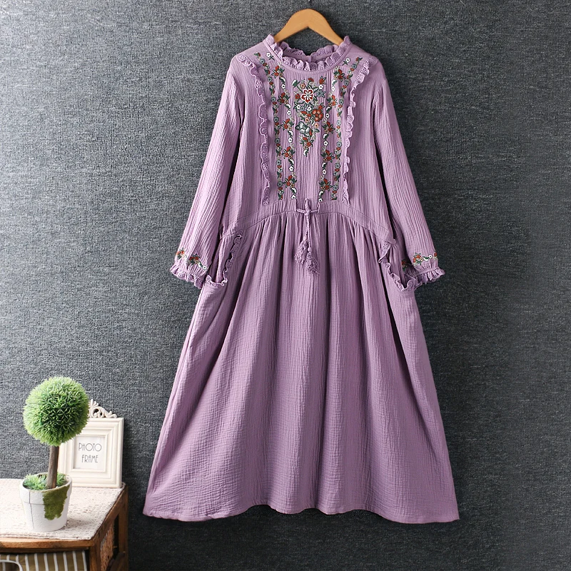 

2021 new autumn Japanese style sweet mori girl emboridery o neck long sleeve loosen solid dress elegant and fairy dress