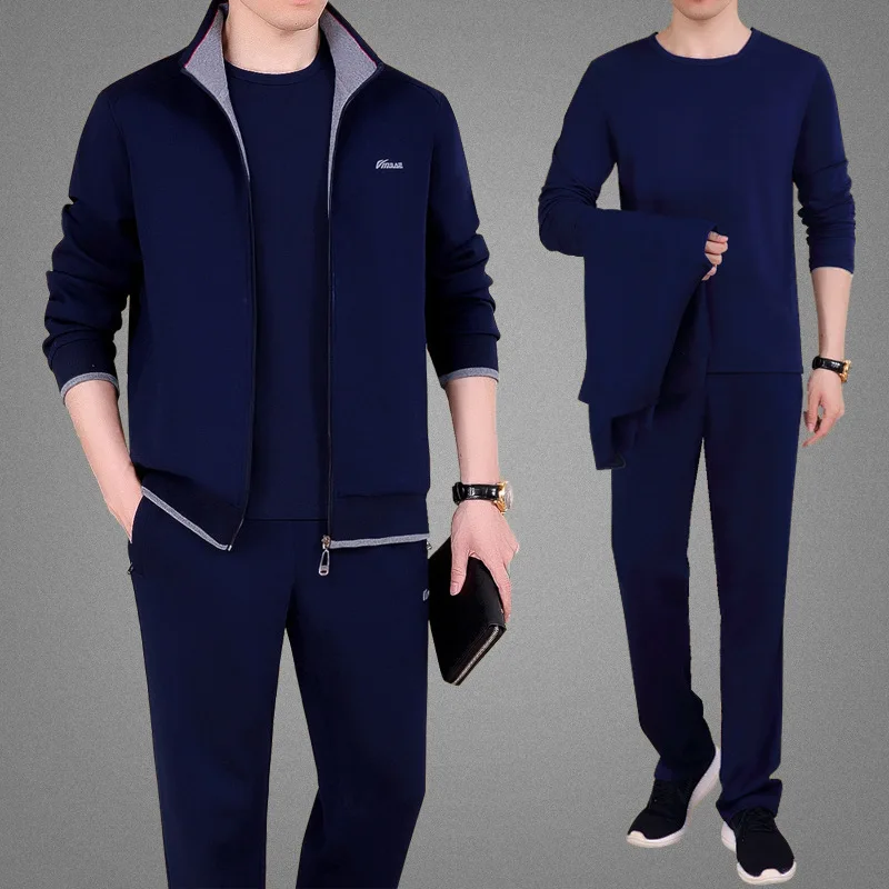 dark blue 3 шт., осенняя мужская спортивная одежда, спортивный костюм, куртка на молнии, толстовка с длинным рукавом, свободные штаны для бега, одежда для бега, повседневный комплект, спортивный костюм - Цвет: dark blue