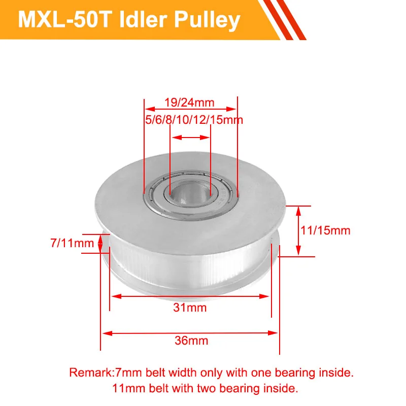 MXL 50T Idler Bearing Motor Pulley with/without Teeth 7mm/11mm Belt Width 5/6/8/10/12/15mm Bore Tooth |