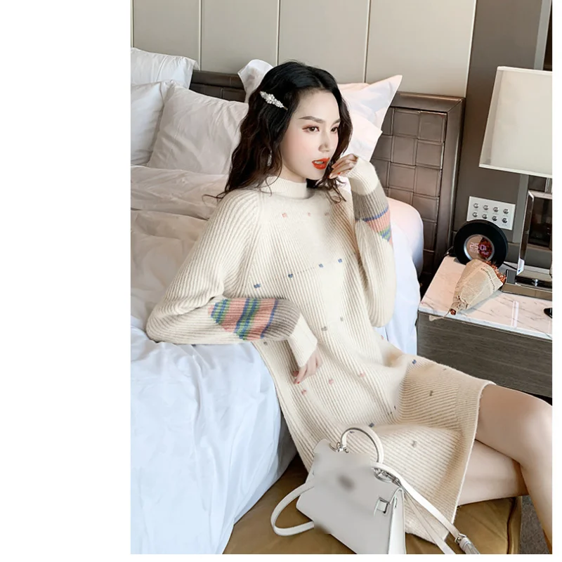 

Spring Autumn Women Knitted Dress New Embroidery Fashion Print Long-sleeved Elegant Casual Female Comfortable Loose Mini Dress