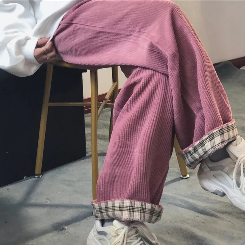 Винтажные женские вельветовые брюки JMPRS обжимные клетчатые широкие с эластичным