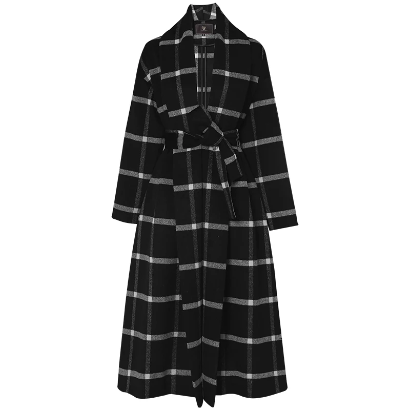 

Classic Plaid Wool Coat Women 2019 Autumn Winter Fashion Long Sleeve A-line Midi Coat Women manteau femme