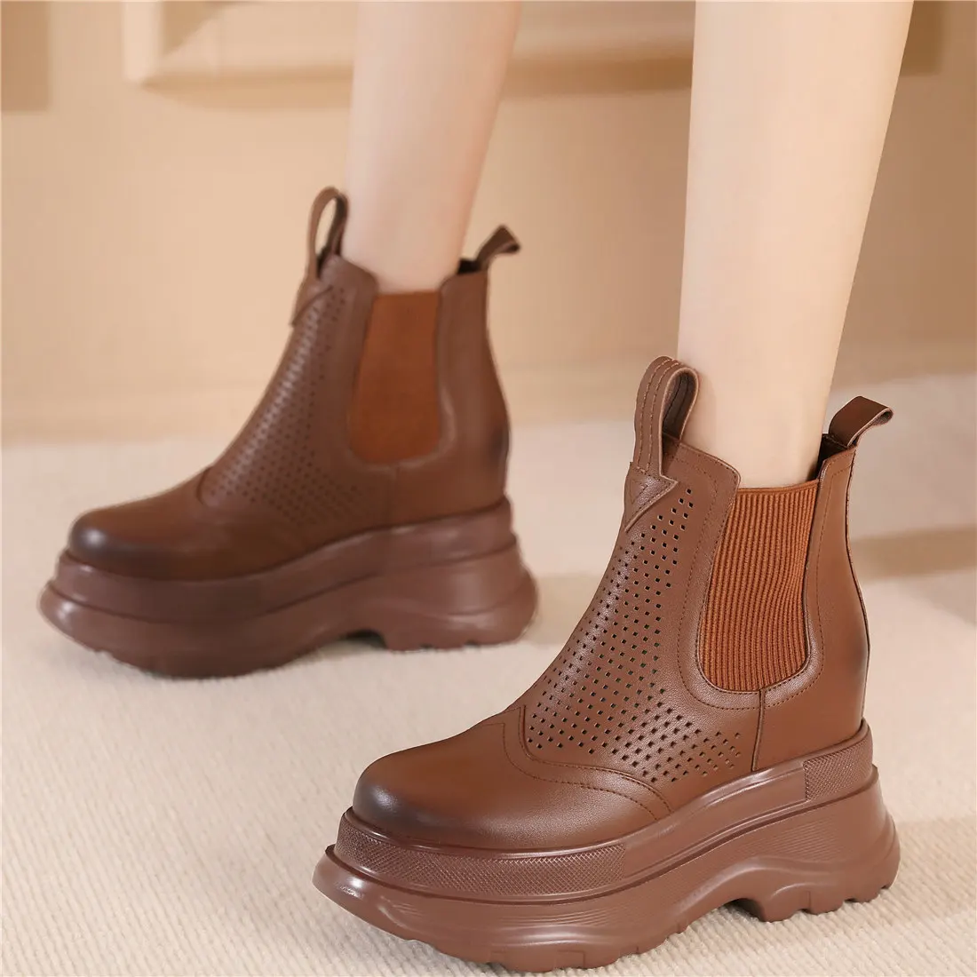 Breathable Fashion Sneakers Women Slip On Genuine Leather High Heel Ankle Boots Female Chunky Platform Pumps Shoes Casual Shoes