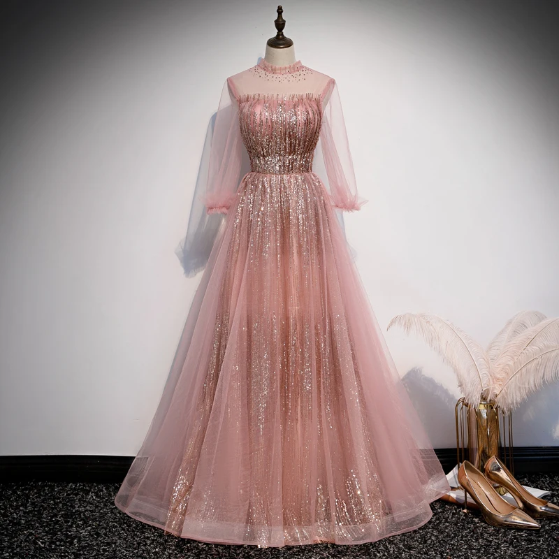 

Formal Evening Dresses Long Sleeve Sequins O-neck Long Party Dress Floor Length A-line Lace Up Plus Size Sexy Elegant Prom Dress