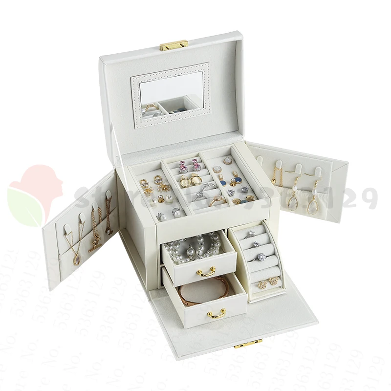 

Casegrace Luxury 3Layers Jewelry Storage Box With Mirror Drawer PU Leather Stud Earring Ring Necklace Jewellery Case Casket
