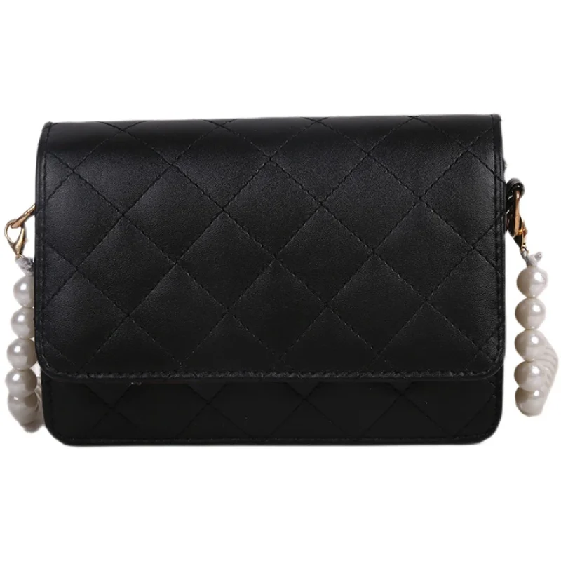 

Soft PU Leather Women Plaid Shoulder Bags Luxury Design Ladies Small Portable Crossbody Bag Retro Female Pearl Chain Handbags