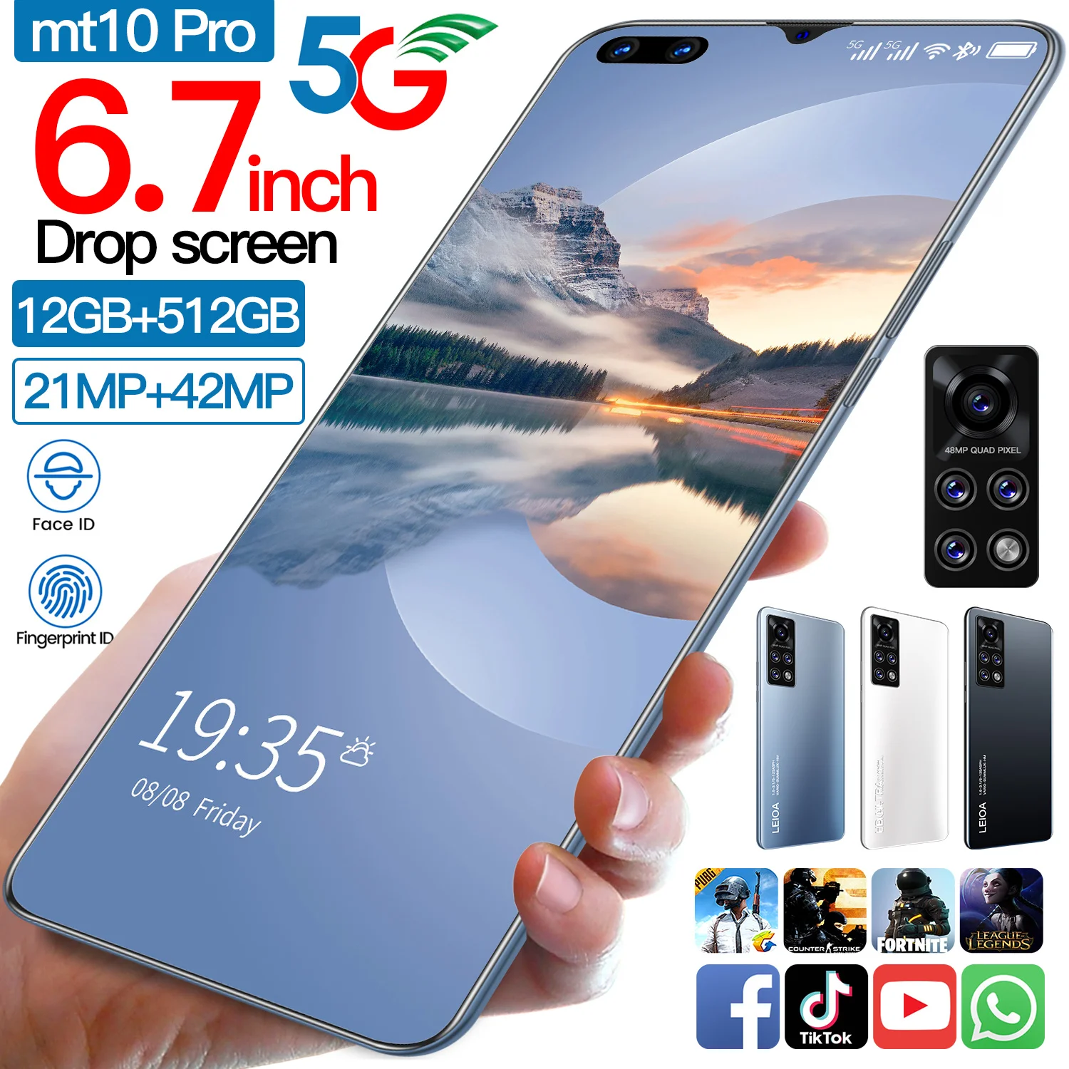 

MT10 Pro 12+512GB 6.7 Inch Drop Screen 4G LTE 5G 21+42MP Smartphone 10 Core 4800mAh Face Fingerprint ID Mobilephone Celular