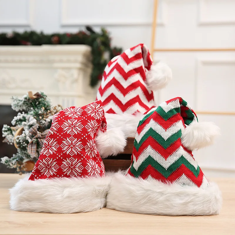 

Plush Knitted Christmas Hat High-Quality Santa Claus Caps Christmas Decoration For Home Xmas Festival Party New Year Decor Hats