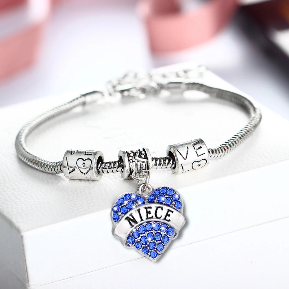 

12PC Bead Chain Bangles Blue Crystal Rhinestone Love Heart Niece Charms Pendant Bracelets Family Women Girl Christmas Gifts Hot