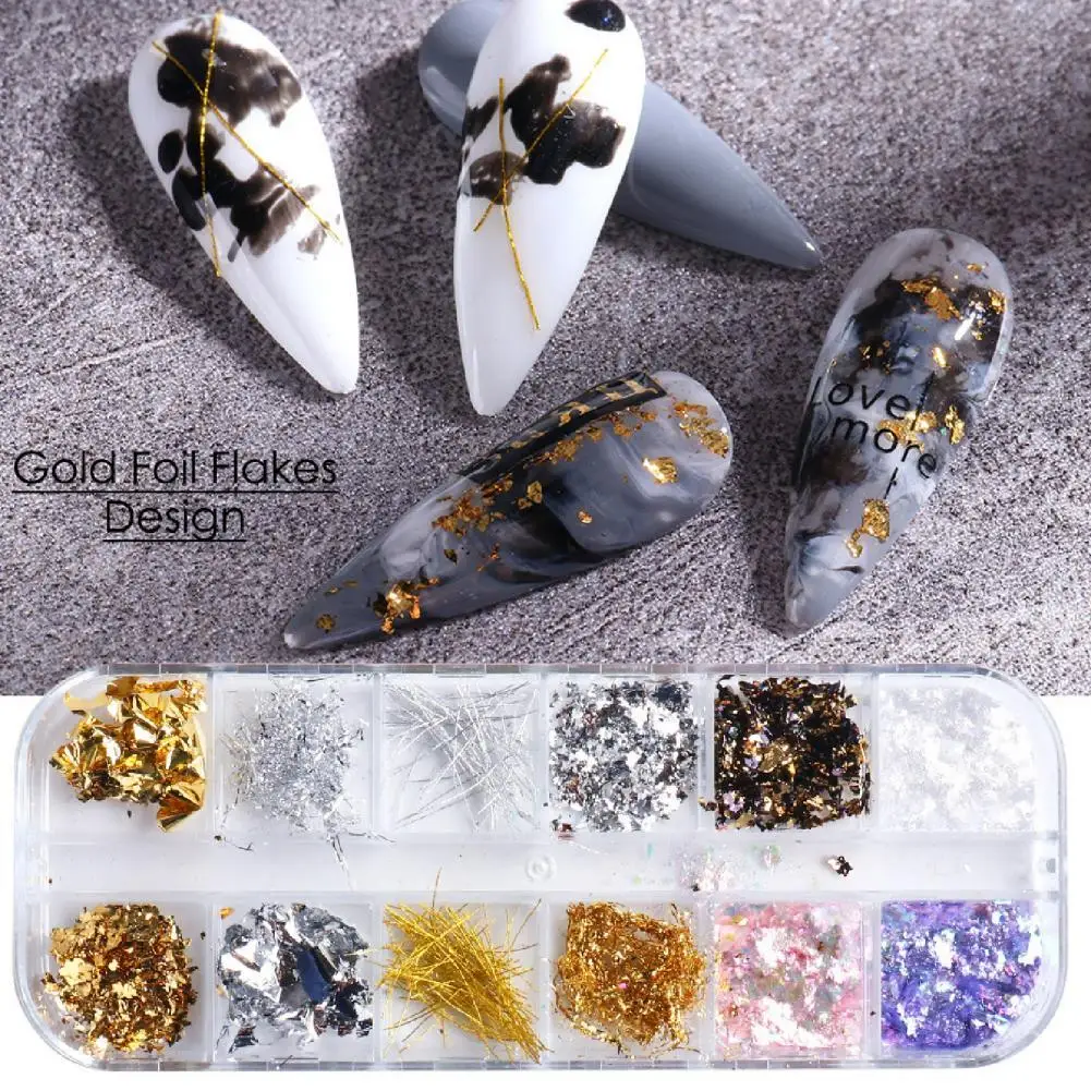 

1 Box 12 Grids Glitter Nail Foil Operate Easily Metallic Crafts Making Gold Foil Flakes Nail Accessories