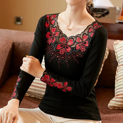 Black-Red Blusas mujer de moda, Осенние сетчатые топы с длинными рукавами и вышивкой, модная Повседневная Блузка с бриллиантами, рубашка, большие размеры - Цвет: Black-Red