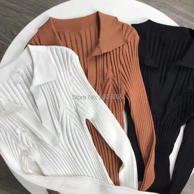 

2021 Woman Arradon top White Black Long sleeve Knitted Soft topS shirt collar v-neck Slim fit Long Sleeves Sweaters