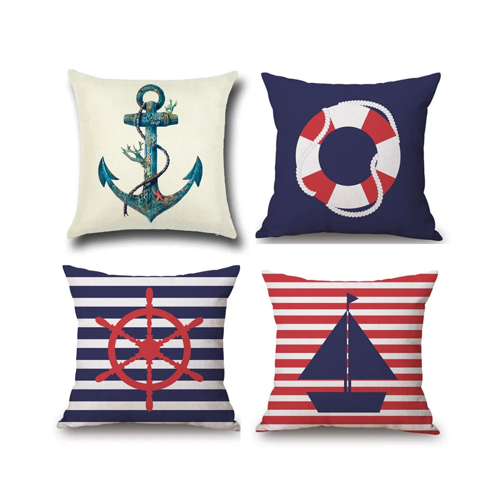 

Set of 4 Nautical Throw Pillow Covers Cotton Linen Decorative Pillow Covers Navy Cushion Covers Pillow Cases 18x18 inch