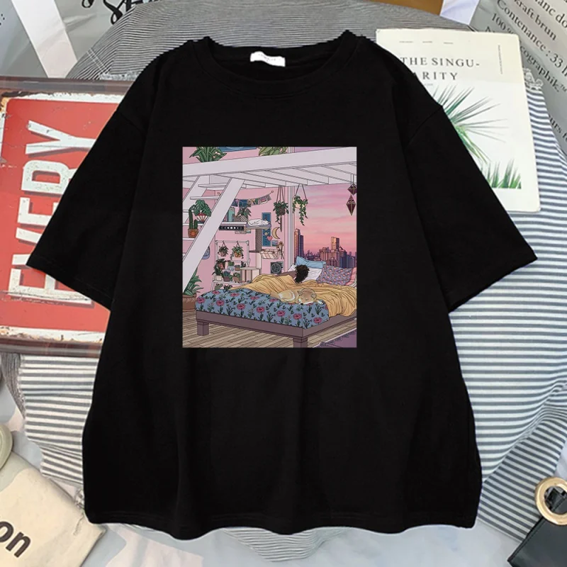 

Camiseta feminina estampada doce da casa dos sonhos, camiseta tamanho grande criatividade fashion confortável com mangas curtas