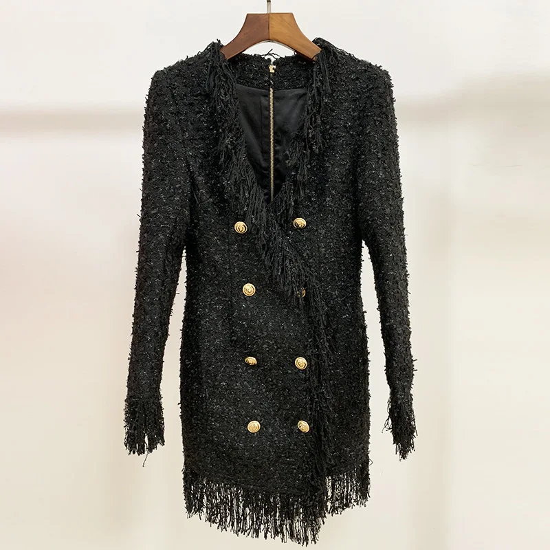 

Star Autumn / Winter New Deep v Double Row Lion Head Button Fringed Bright Silk Tweed Dress