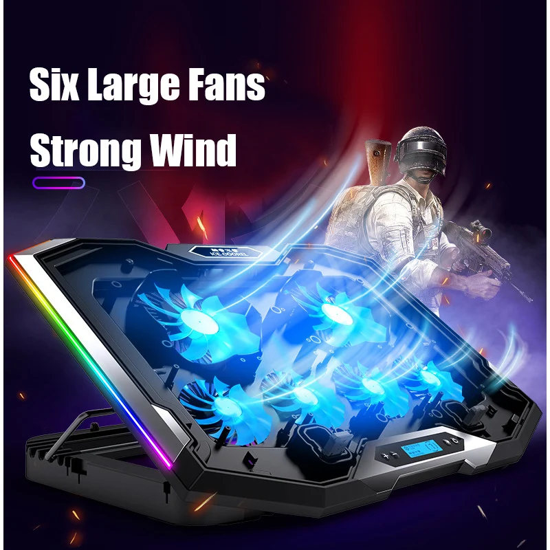 

Охлаждающая подставка для ноутбука, игровой кулер RGB для ноутбука 12-18 дюймов, 6 вентиляторов, ЖК-экран, регулируемая подставка для ноутбука с ...