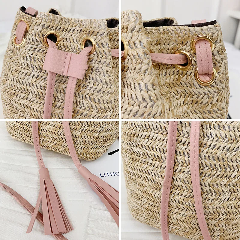 Женская пляжная Соломенная Сумка-ведро на шнурке популярная женская сумка для