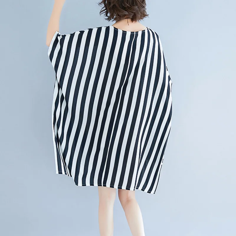 #3217 черно-белое платье в полоску женское свободное повседневное шифоновое летние