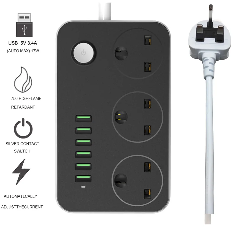 Штепсельная Вилка USB разъем питания 3 универсальные розетки 6 портов быстрой