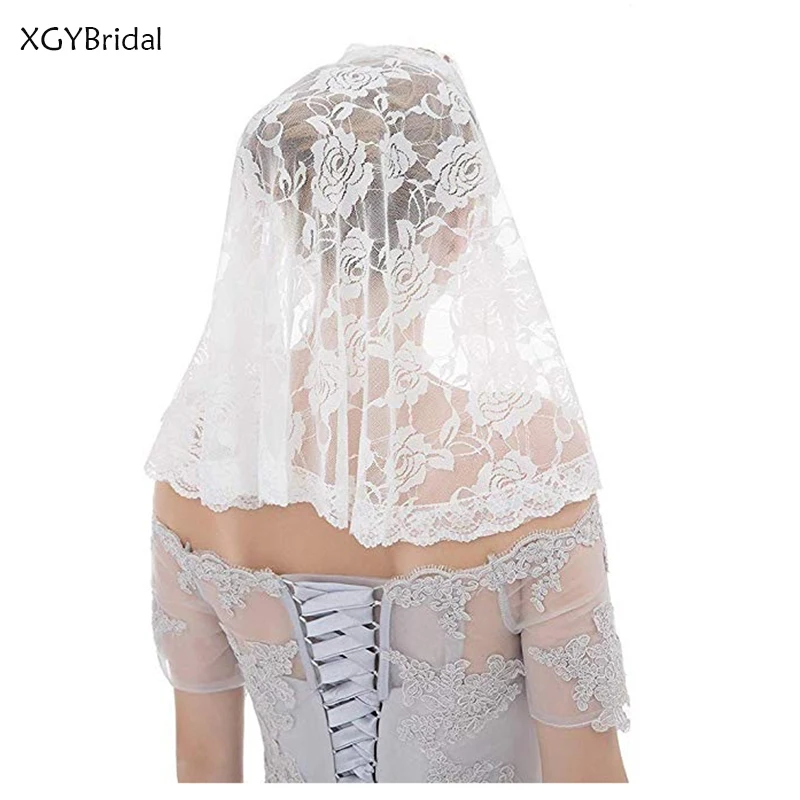 

Balck Ivory Lace Muslim Bridal Veil for Church Round Scarf Wrap Head Covering Short One Layer Mantillas Veil Tassel Shawl