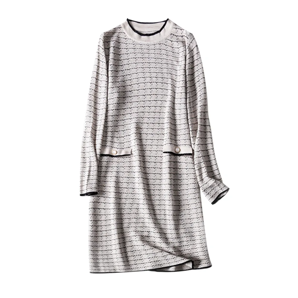 

Women Elegant Dress Autumn Winter Casual O-neck Long Sleeve Stripe Party Knee Dress Ladies Sweet Fashion Clubwear Dresses