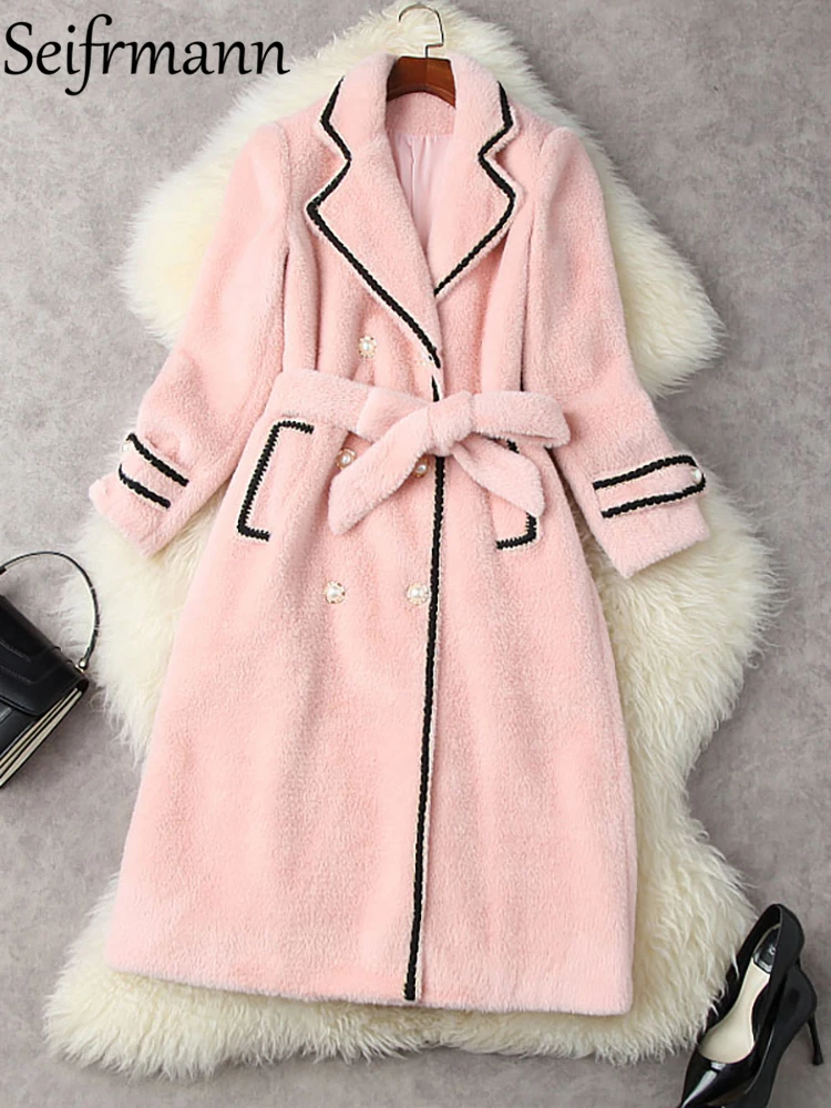 

Seifrmann New 2021 Winter Women Fashion Runway Blends Coat Long Sleeve Bow Sashes Double Breasted Warm Ladies Slim Coat Overcoat
