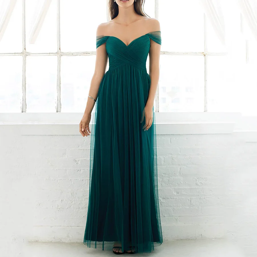 

Nice Womens Tulle Long Evening Dress Wedding Party Cap Sleeves A-line Sweetheart Hunter Green Bridesmaid Dresses 2021