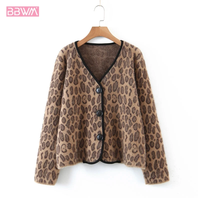 

Женский однобортный свитер, с длинным рукавом, V-образным вырезом, винтажный, Леопардовый
