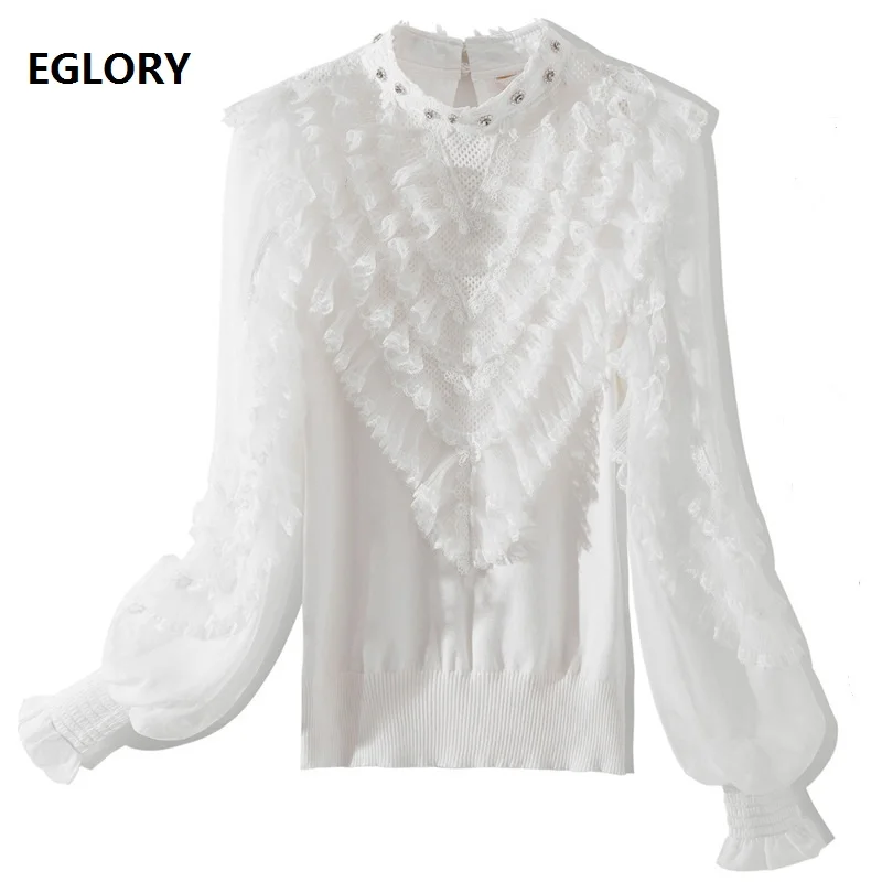 High Quality Sweaters and Pullovers 2021 Spring Autumn Tops Women Ruffle Lace Beading Deco Long Sleeve Knitted Tops White Red