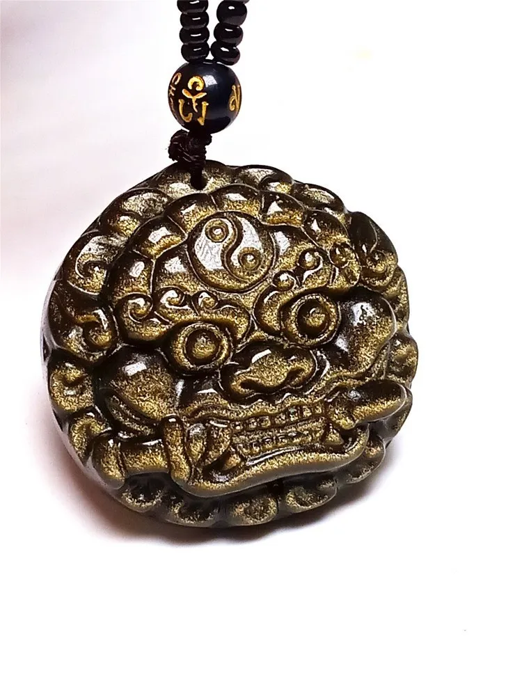 

LETSFUN Fine Jewelry Natural Mens Full Gold Obsidian Kylin Pendant Necklace Gemstone Gift Free Shipping