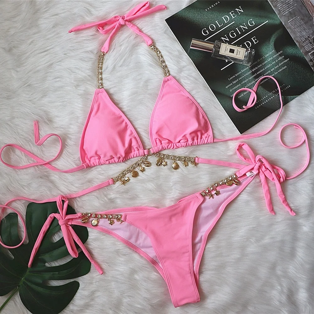 

2021 Swimsuit Sexy Strap Plain Female Split Crystal Bikini Creative Accessories Swimsuit High Waist Thong Swimwear Women