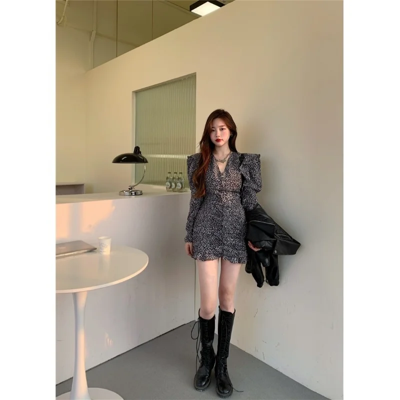 

Autumn and Winter Design Long Sleeve Leopard Print Dress for Women 2021 New Slim Fit Retro Short Hip Skirt