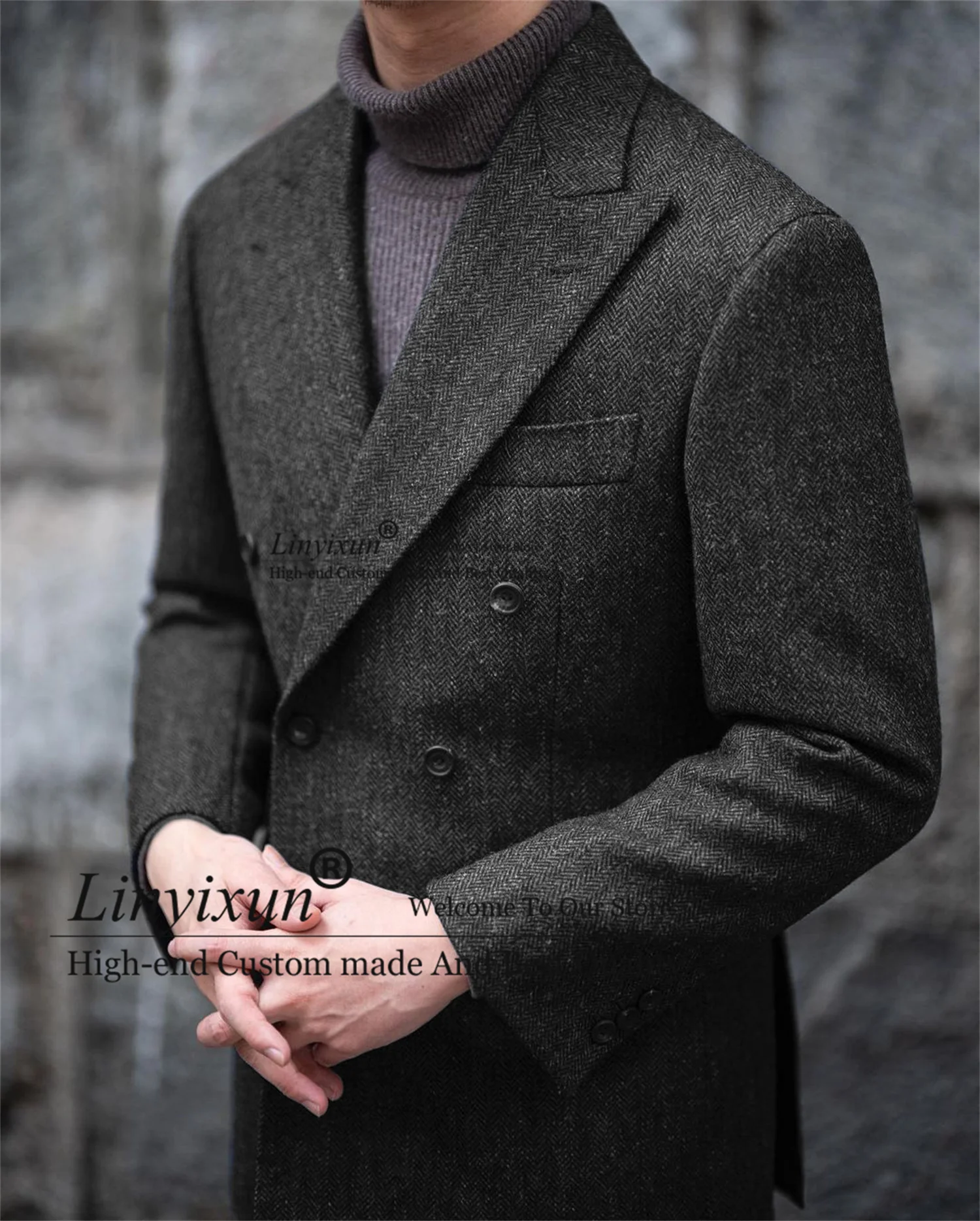 

Grey Herringbone Tweed Men Suit Slim Fit Double Breasted Wedding Tuxedos 2 Pieces Terno Masculino Winter Business Male Blazer