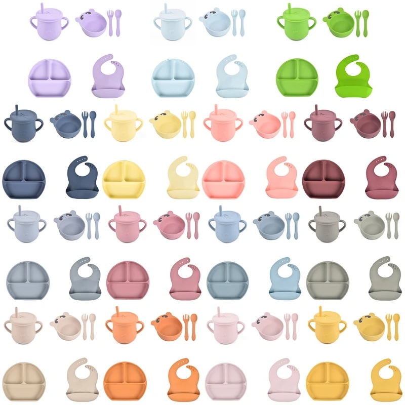 

P15C 6 Pcs Baby Silicone Bib Divided Dinner Plate Sucker Bowl Spoon Fork Straw Cup Set Training Feeding Food Utensil Dishes Kit