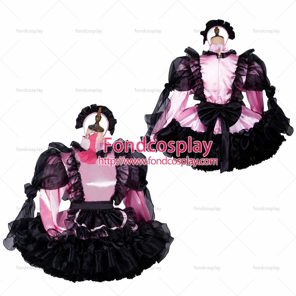 

fondcosplay adult sexy cross dressing sissy maid baby pink satin dress lockable Uniform black apron costume Tailor-made[G2415]