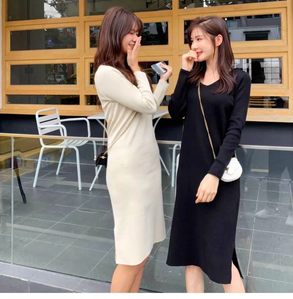 

Autumn Women's Clothing Solid Color Dresses Long Sleeve Hem Split V-neck Bottoming Dress Over the Knee Mid-length Midi Dress