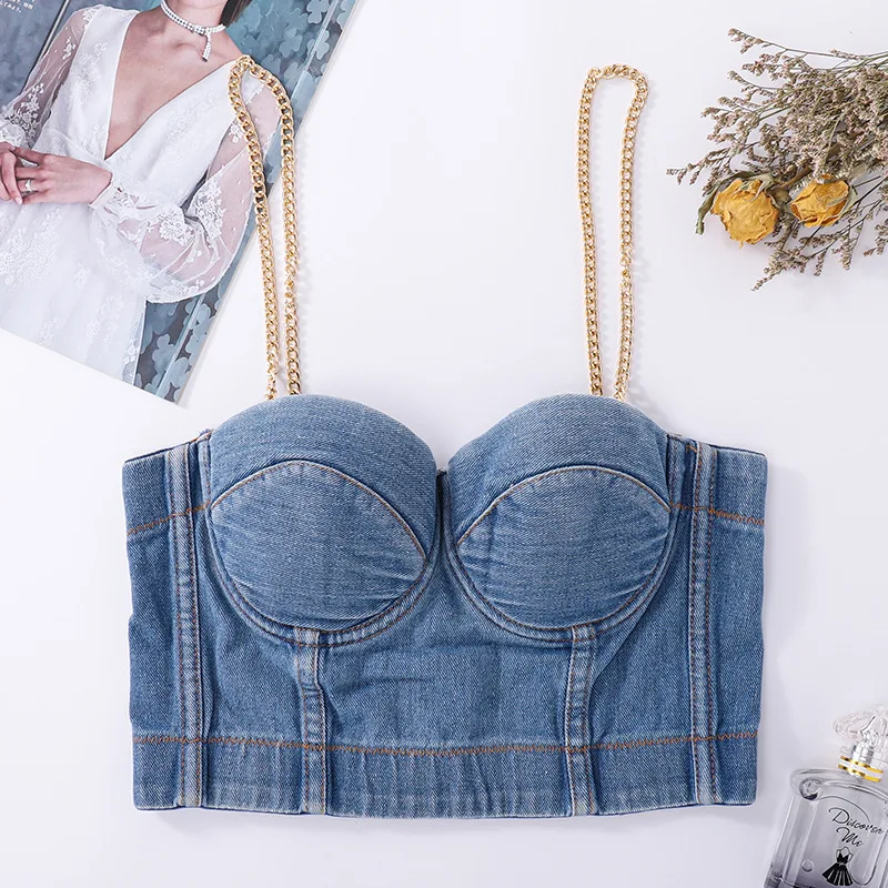 

Denim Crop Top Fashion Lady Clothes Sleeveless Party Club Camis Clubwear Summer Bra Women Corset Chain Bustier