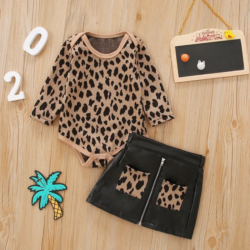 

Yarn-dyed Leopard Print Cotton Romper + Leather Skirt Two-piece Set