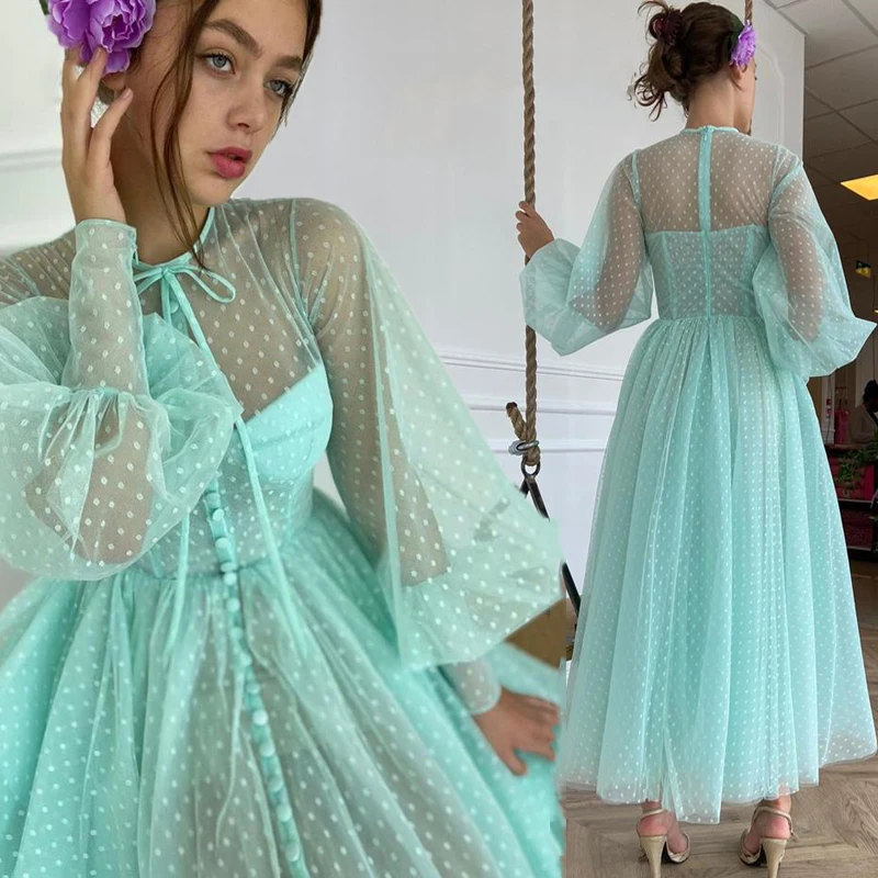 

Turquoise Tulle Tea Length Prom Dresses Buttoned Long Sleeves Sexy Green Evening Party Dress Gala Ball Gown Vestidos De Fiesta