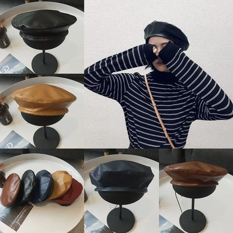 Винтажный берет из искусственной кожи для женщин и мужчин осенне-зимняя плоская