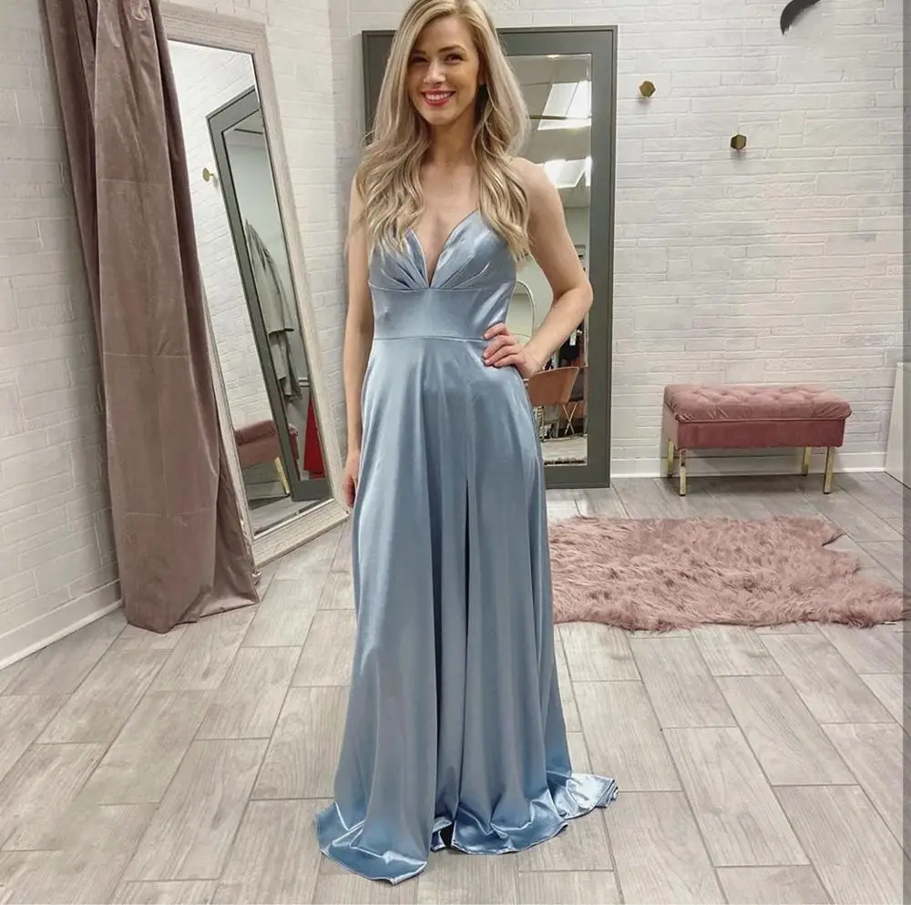 

2020 prom dress satin light blue spaghetti strap backless floor length a-line women party gowns sweetheart formal gowns elegant