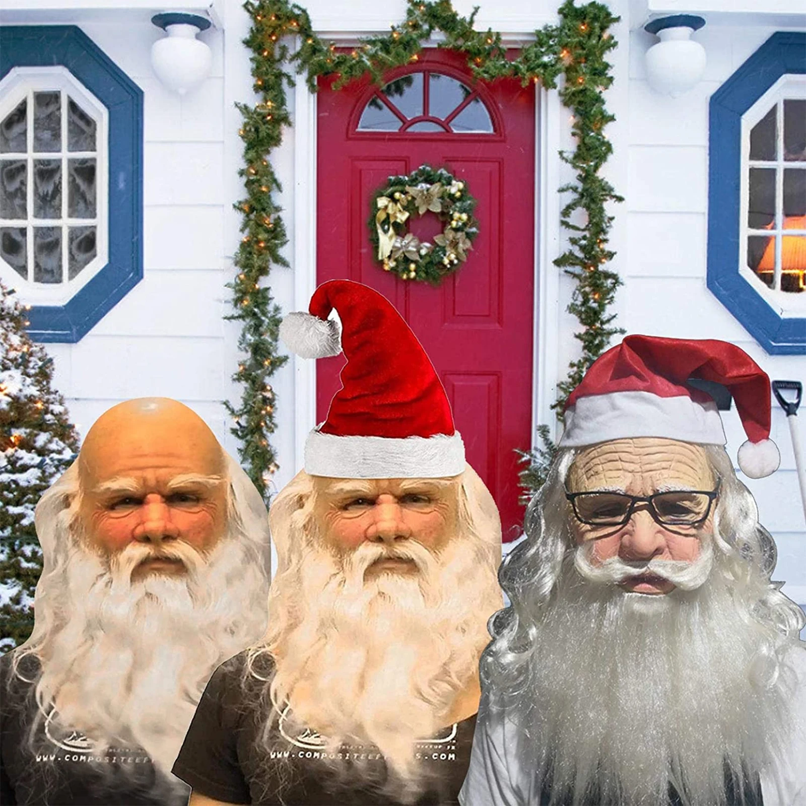 

Unisex Christmas Mask White Hair Beard Glasses Santa Mask Headgear 2021 Grandpa Latex Mask Old Man Performance Props