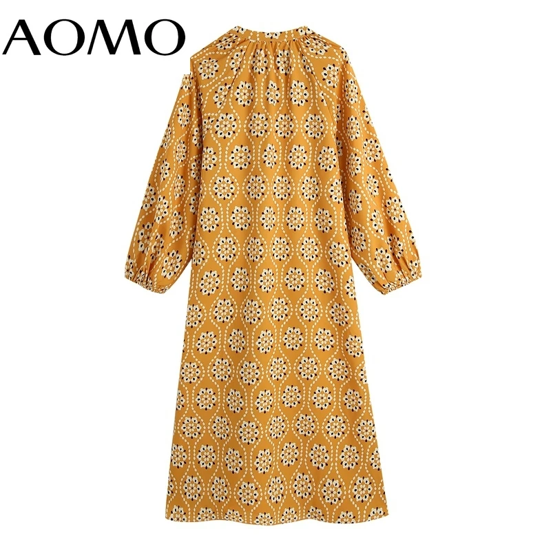 

AOMO 2021 Summer Women French Style Oversized Vintage Print Dress Long Sleeve Ladies Midi Dress Vestidos BE900A