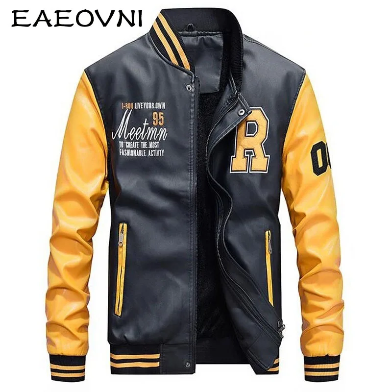 Мужские кожаные куртки с вышивкой EAEOVNI приталенная зимняя теплая флисовая